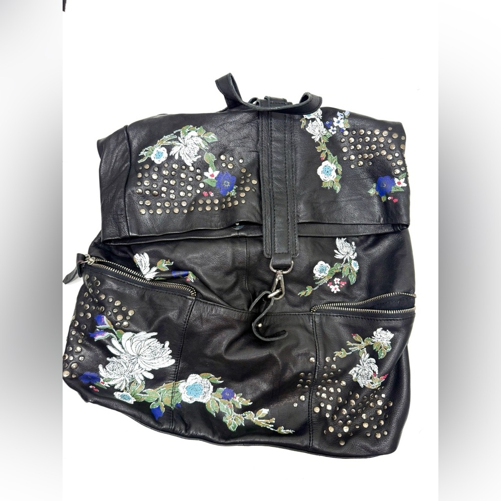Free People Black Leather Hand-painted Backpack with Silver Studs - Picture 2 of 8
